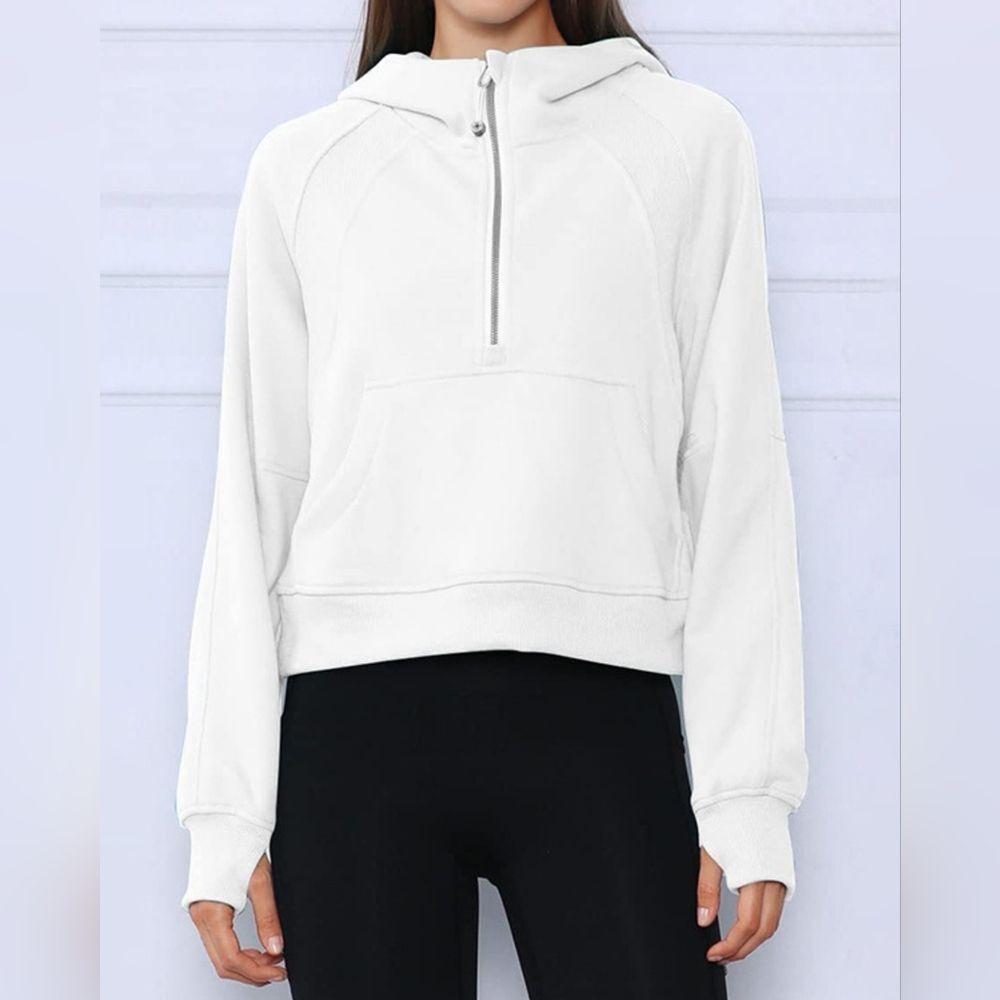Half-Zip Kangaroo Pocket Hoodie - Cozy Athletic Pullover Sweatshirt White